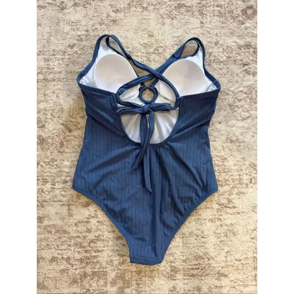 Kona Sol Women's Ribbed Ring Medium Coverage One-Piece Swimsuit Blue Large NWOT